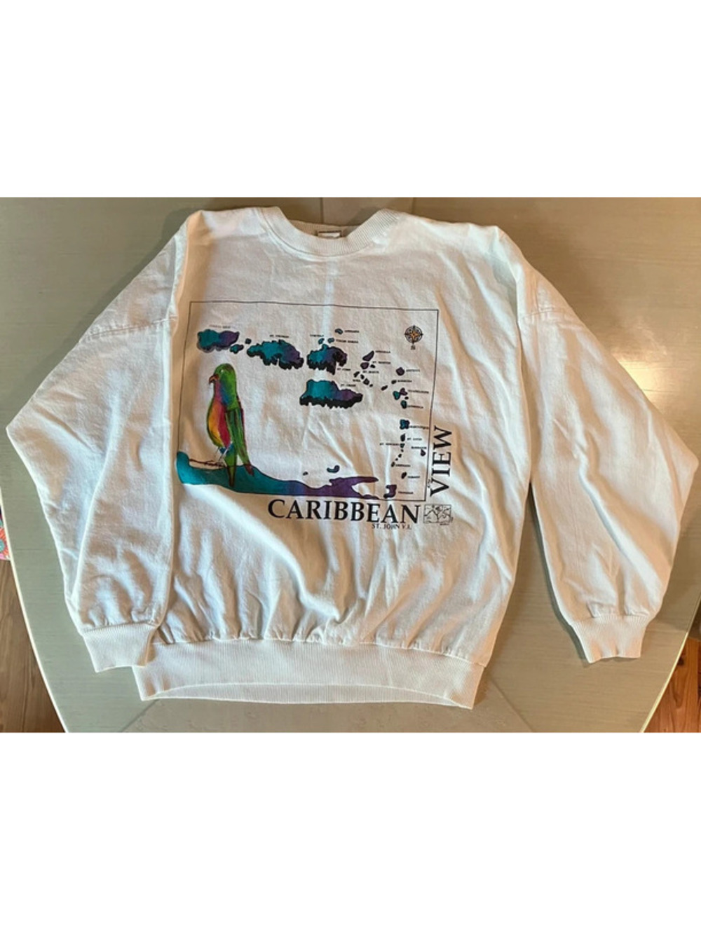Vintage 90s Hand-Painted Caribbean Sweatshirt St. John V.I. Parrot & Island Map